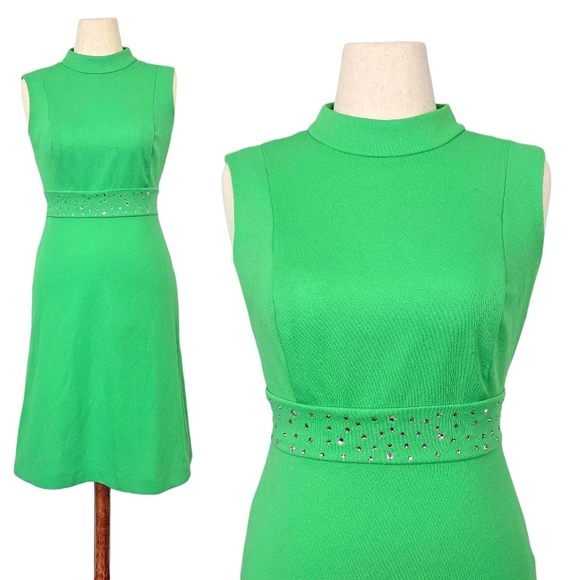 1960s Vintage Dress 60s Mod Gogo Rhinestone Lime Kelly Green S/M Small Medium - Picture 1 of 6